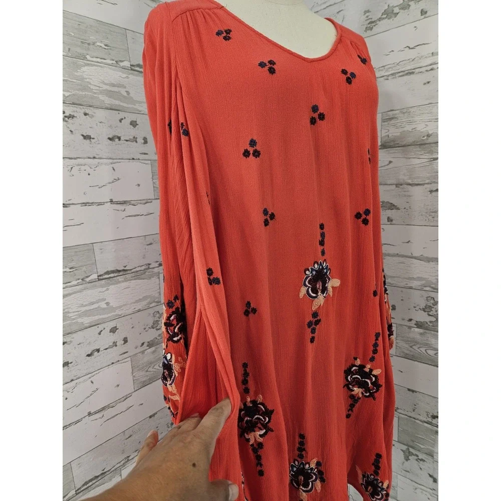 Free People Womens Xsmall Oxford Red Embroidered Floral Mini Dress